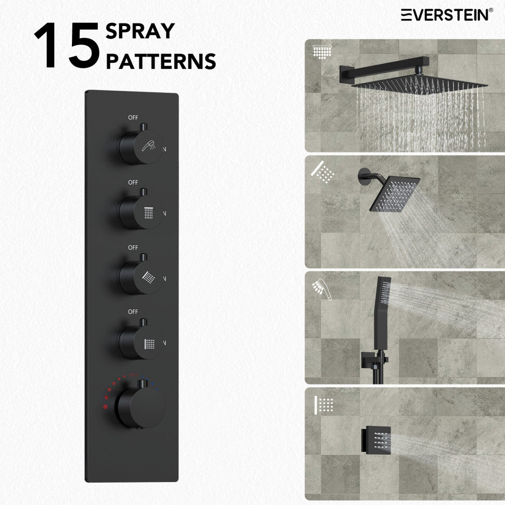 Dual Heads 16" Thermostatic Shower System With Hand Shower, Matte Black