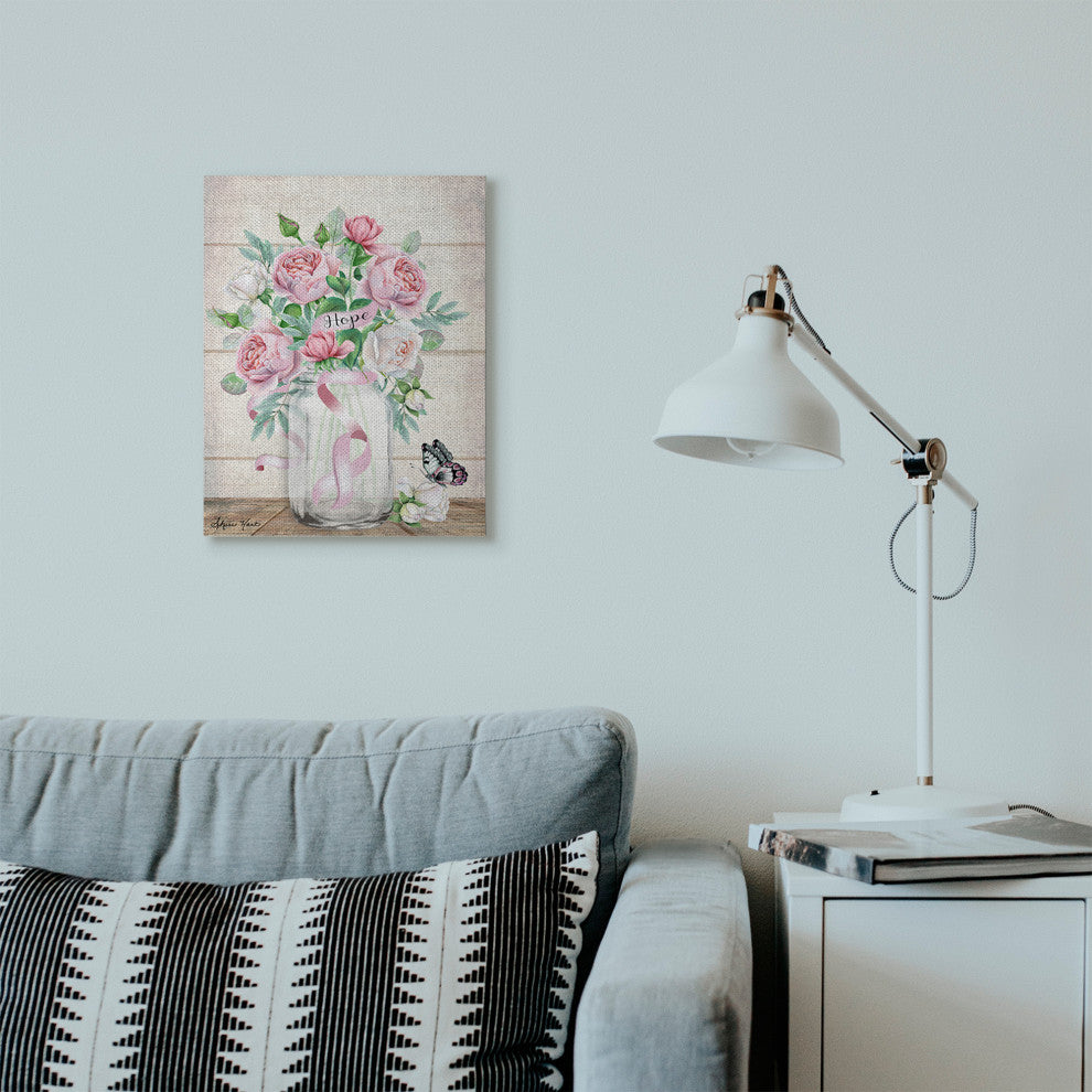 Hope Flower Jar Butterfly Pink Painting, 16"x20", Canvas Art