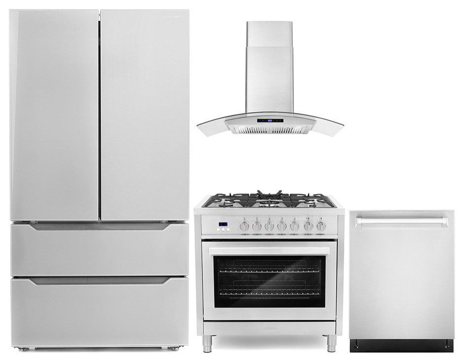 4-Piece, 36" 240V Dual Fuel Range, 36" Range Hood, Dishwasher and Refrigerator