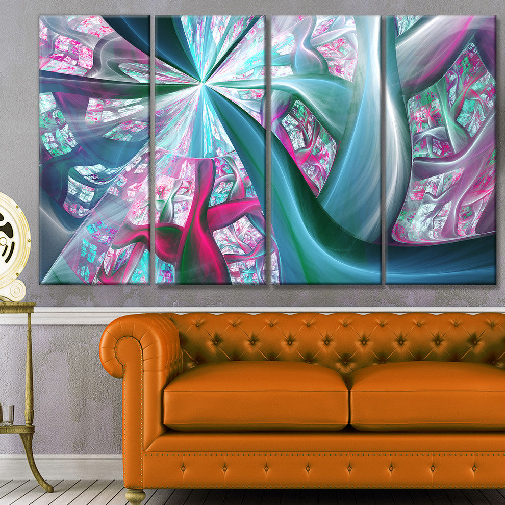 Blue Pink Fractal Plant Stems, Abstract Canvas Art Print, 48"x28", 4 Panels