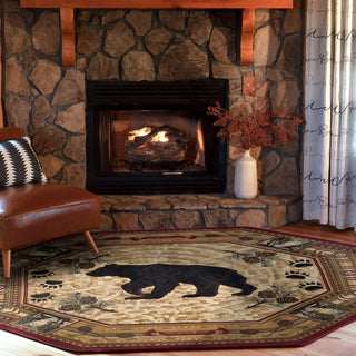 Black Bear Novelty Pattern Lodge Area Rug, Brown, 7'10'' Octagon