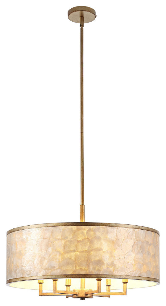 GetLedel 24-inch 6-Light Capiz Shell Drum Chandelier, Distressed Gold