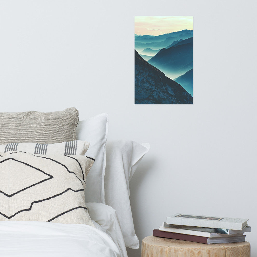 Misty Blue Silhouette Mountain Range Landscape Photo Unframed Wall Art Prints, 12" X 18"