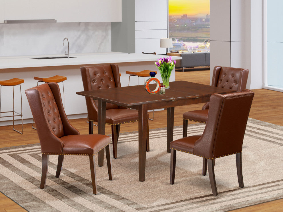 5Pc Dining Set, 1 Butterfly Leaf Table, 4 Brown Chairs, Back, Mahogany Finish