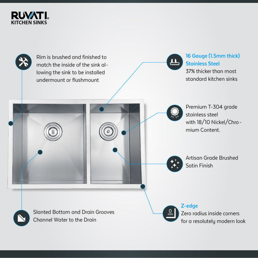 Ruvati RVH7200 Undermount Stainless Steel 29" Kitchen Sink Double Bowl