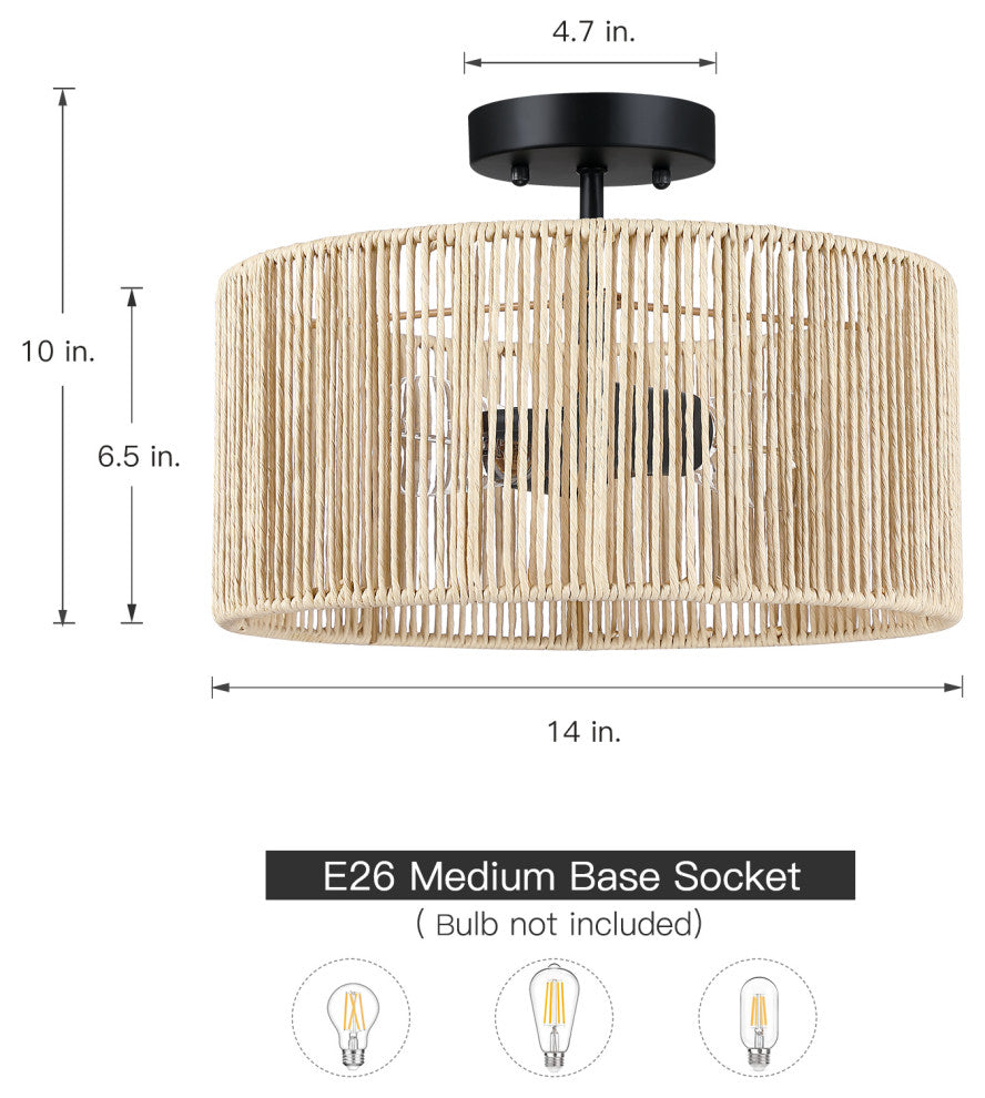 14" W 2-Light Woven Rope Drum Semi-Flush Mount Ceiling Light, Beige