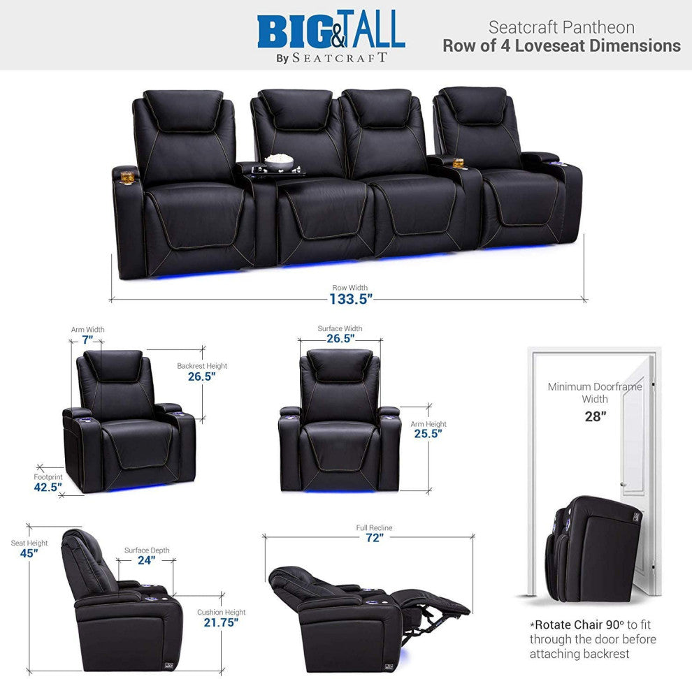 Seatcraft Pantheon Home Theater Seating, Black, Row of 4 With Loveseat