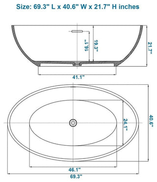 ADM Oval Freestanding Bathtub, Matte White, 69.3"