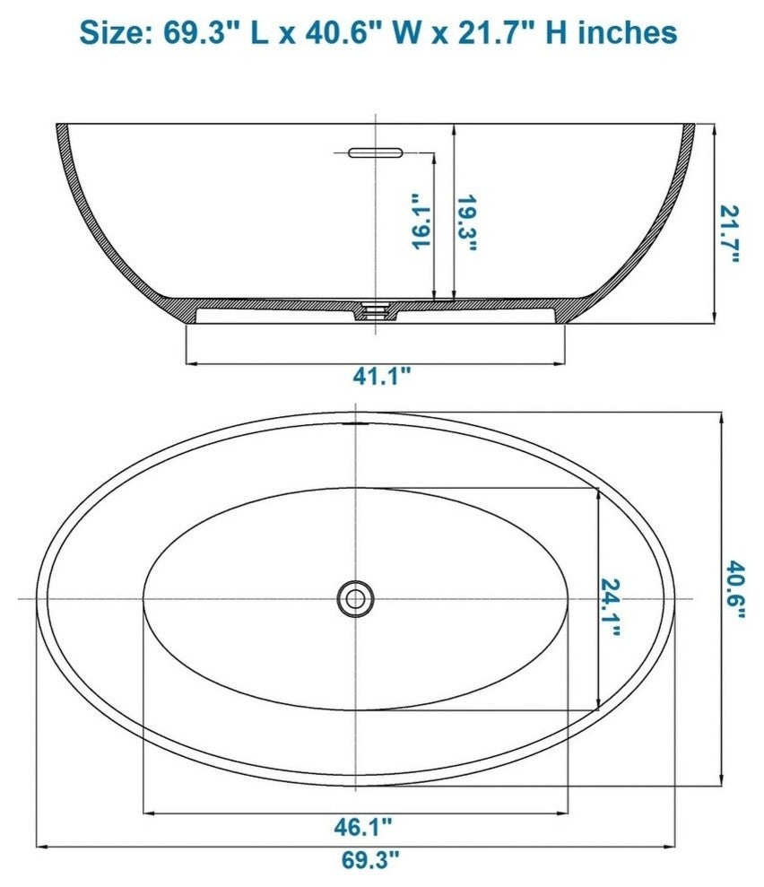 ADM Oval Freestanding Bathtub, Matte White, 69.3"