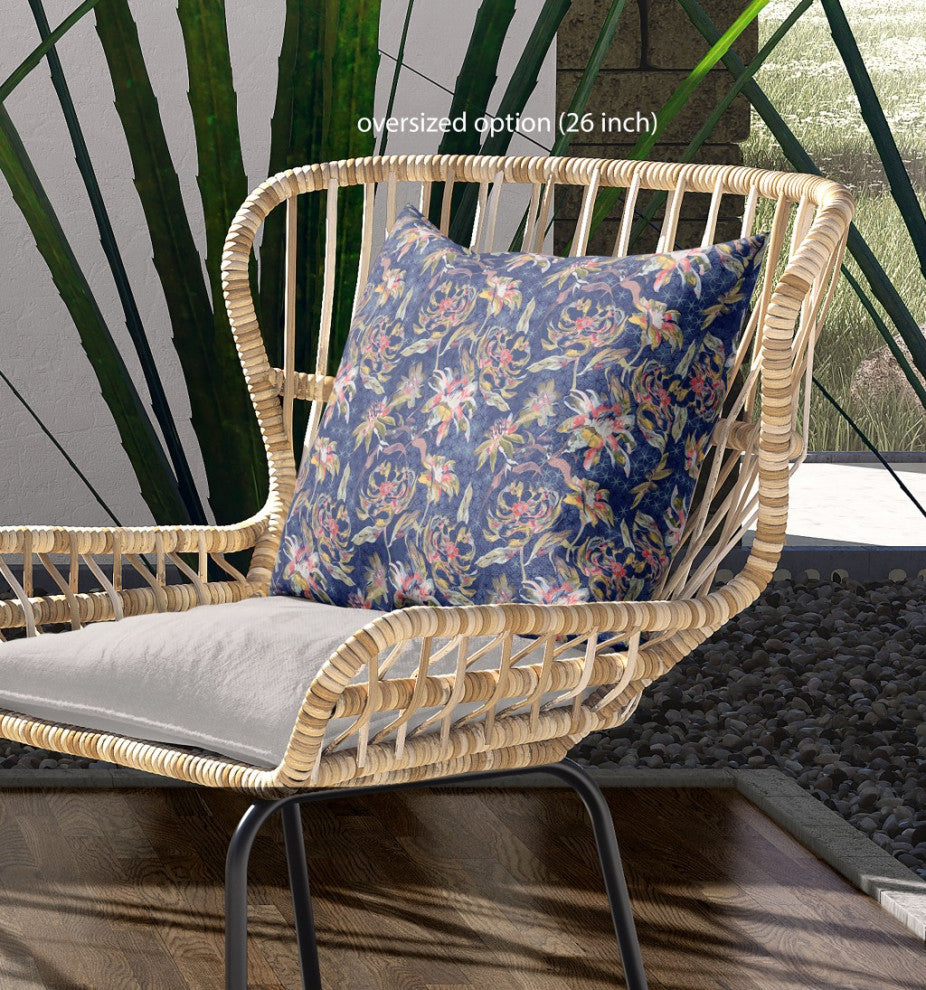 26" Blue Yellow Roses Indoor Outdoor Throw Pillow