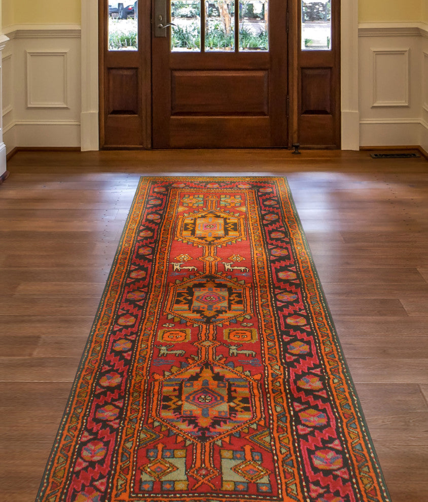 Fine Vintage Distressed Musad Red/Charcoal Runner, 3'7x10'9