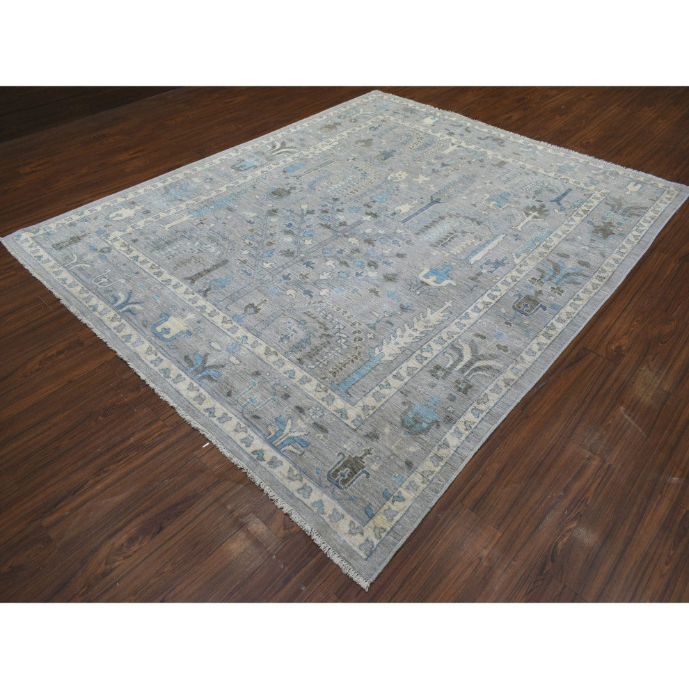 Gray Angora Oushak Willow and Cypress Tree Design Hand Knotted Rug, 8'2"x9'10"