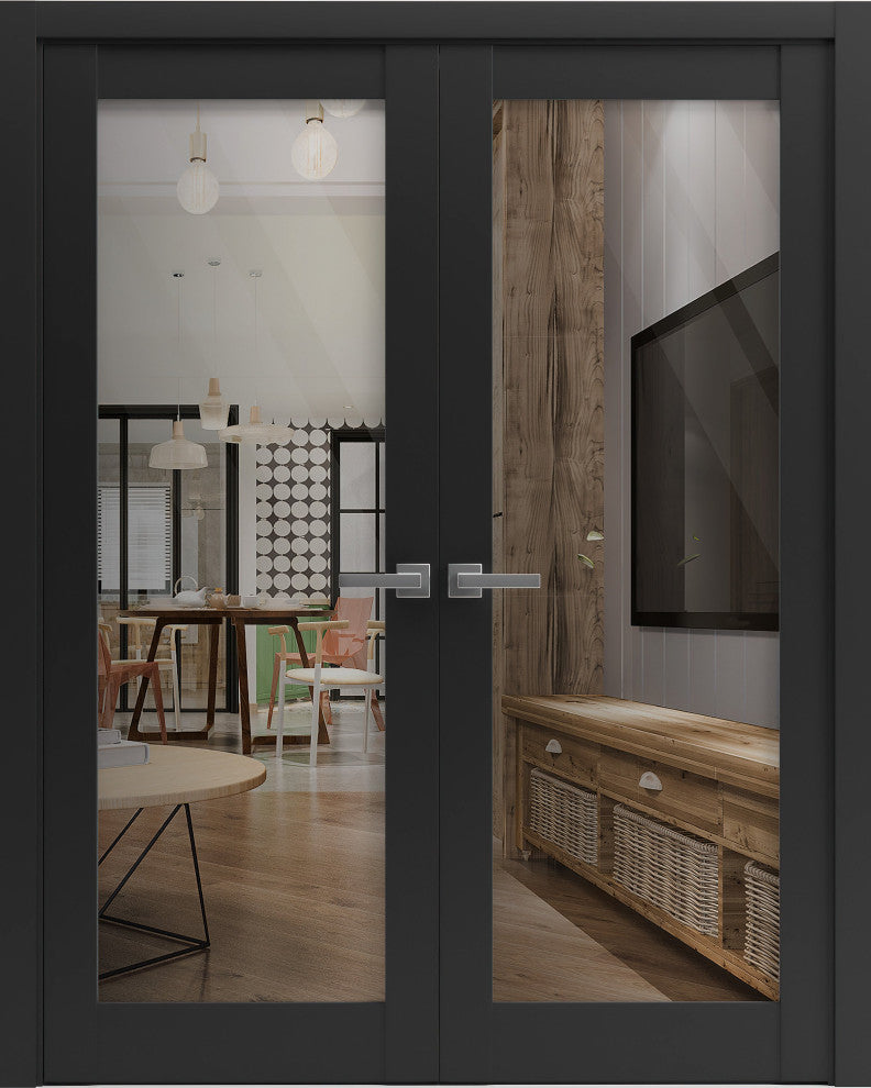 Interior French Double Doors Clear Glass|Lucia 2166 Matte Black-72x96