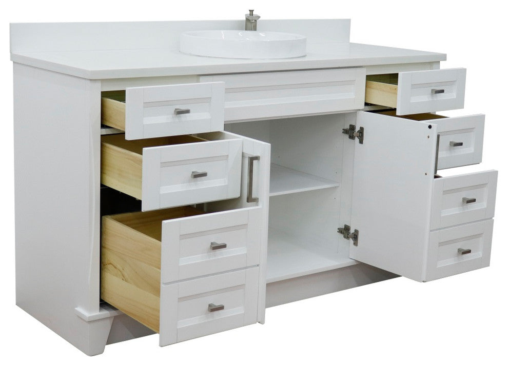 61" Single Sink Vanity, White Finish And Engineered Stone Top And Round Sink