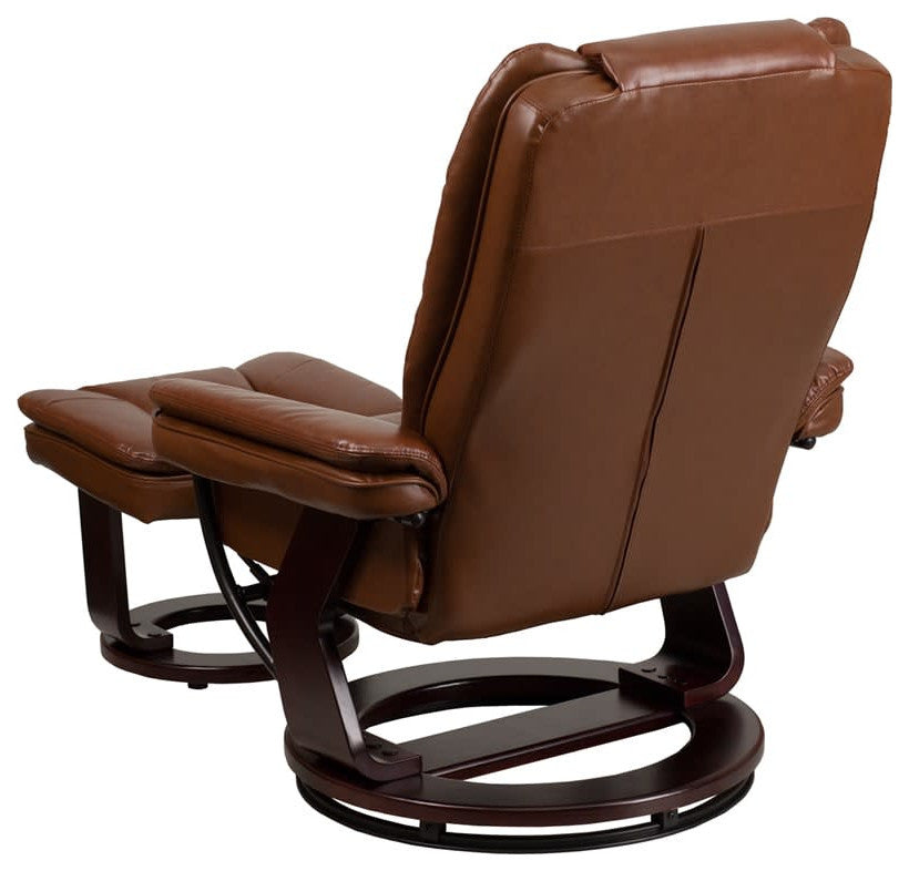 Leather Recliner and Ottoman, Mahogany Wood Base, Brown Leather
