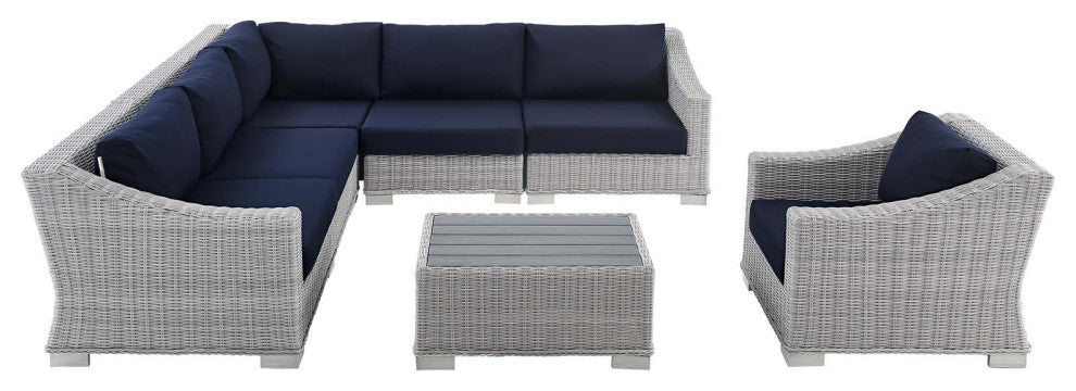 Lounge Sectional Sofa Chair Table Set, Rattan, Gray Blue Navy, Outdoor