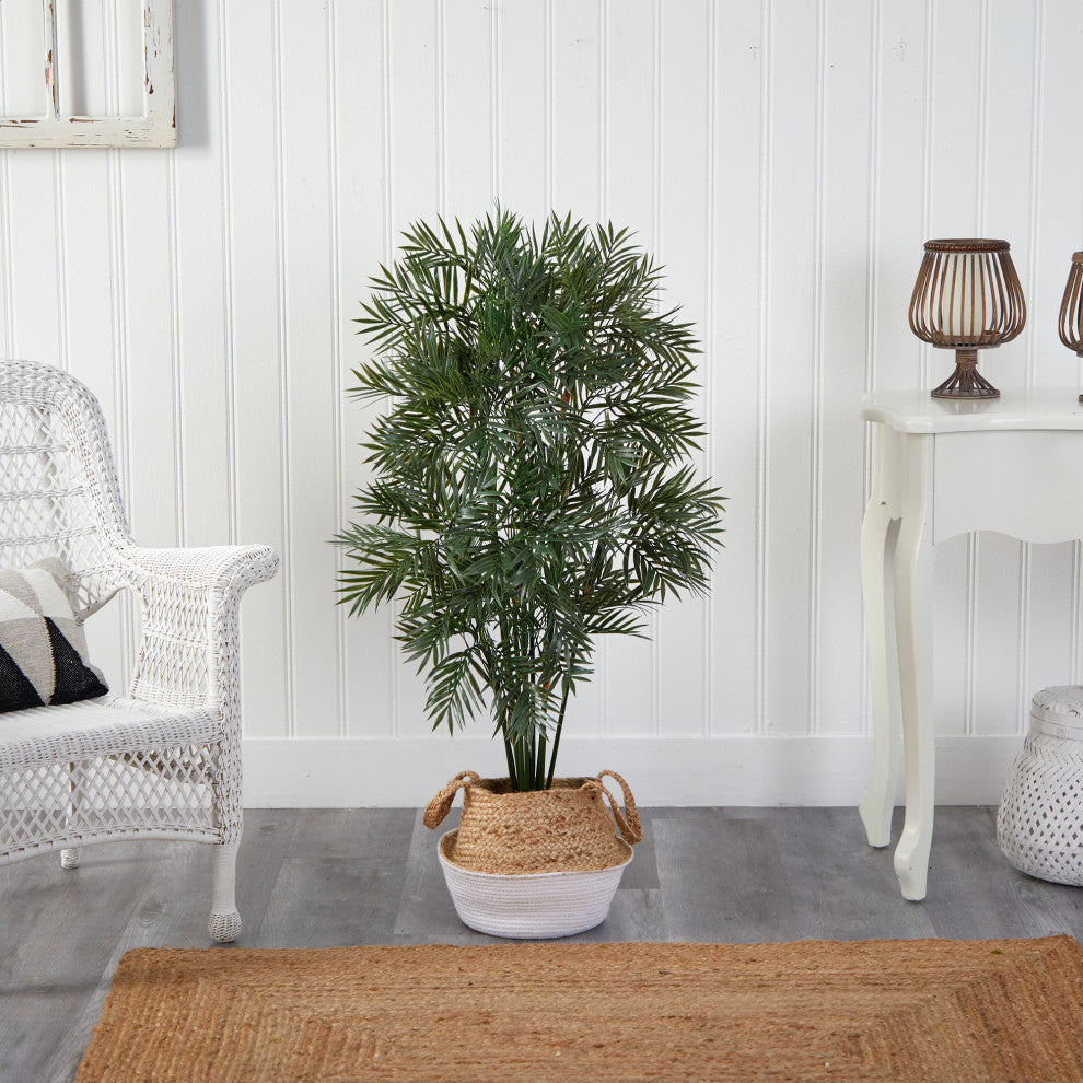 4'' Parlor Palm Faux Tree, Boho Chic Handmade Cotton and Jute White Woven Planter