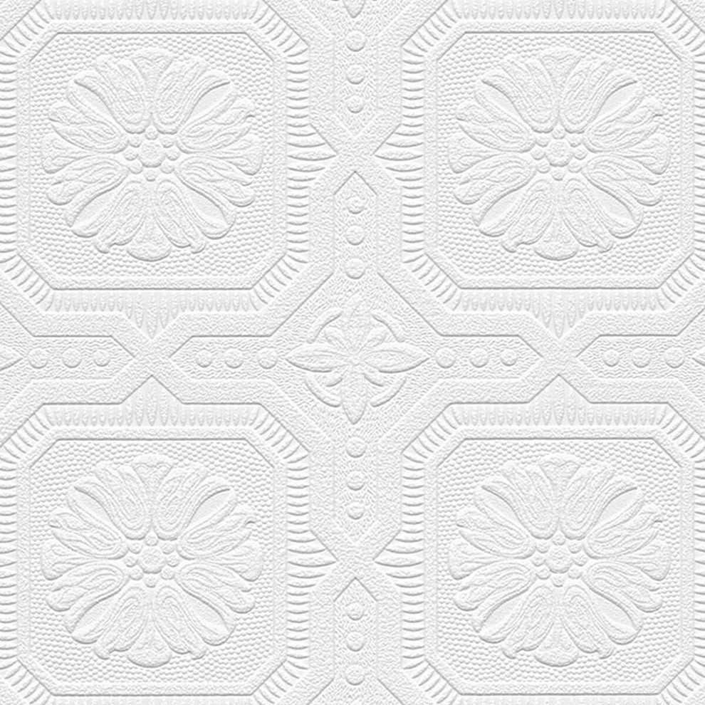 Architectural, Texture Geometric Paintable Pre-Pasted White Wallpaper Roll