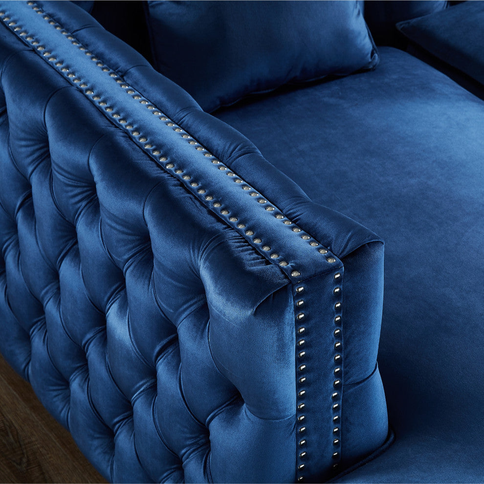 Jeannie Velvet Tufted With Nailhead Trim Sectional, Navy, Left Facing Chaise