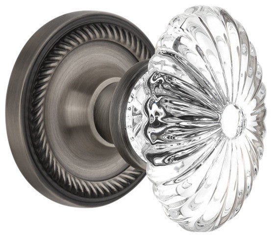 Single Rope Rosette With Oval Fluted Crystal Knob, Antique Pewter