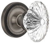 Single Rope Rosette With Oval Fluted Crystal Knob, Antique Pewter