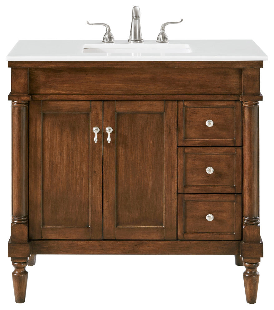 36" Single Bathroom Vanity, Walnut With Ivory White Engineered Marble