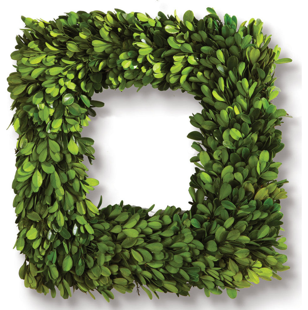Square 16in English Boxwood Wreath Topiary Greenery Natural Classic Hanging Door