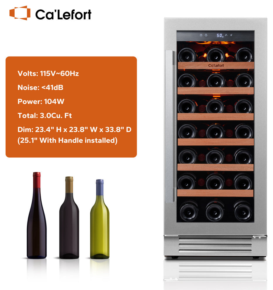 Ca''Lefort 33-Bottle Built-In 15" Wine Cooler Single Zone Refrigerator Frost-Free