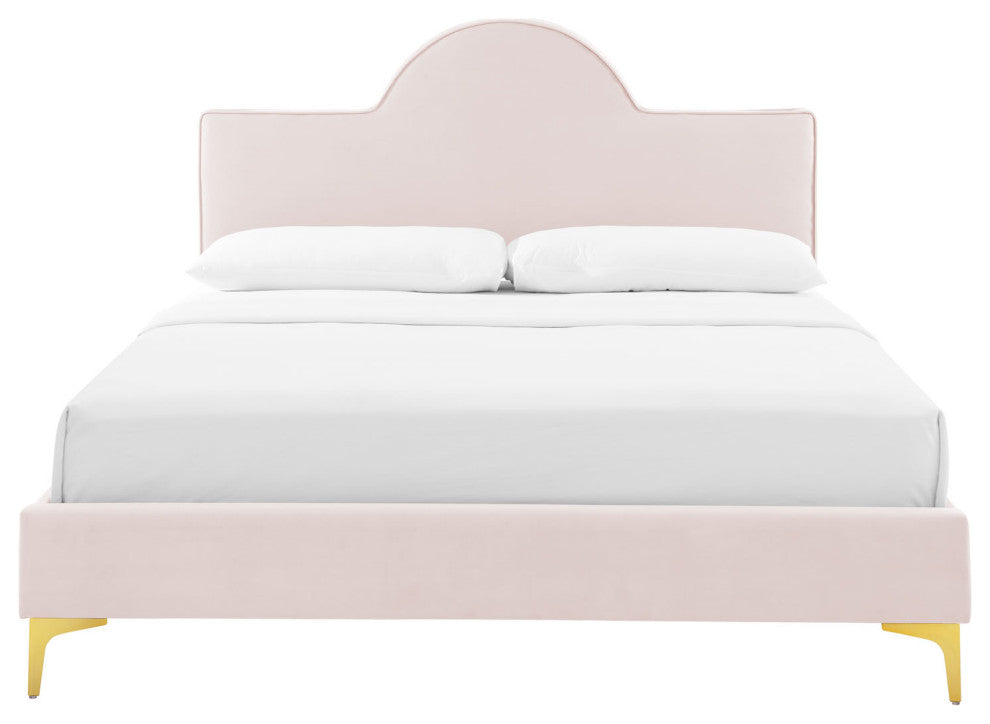 Platform Bed Frame, Queen Size, Pink, Velvet, Modern, Bedroom Guest Suite