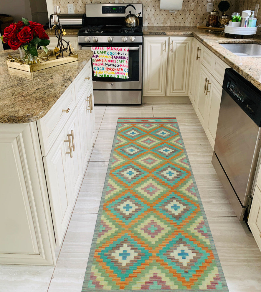 Sangat Kilim Brayden Rust/Turquoise Runner, 2'7x12'10