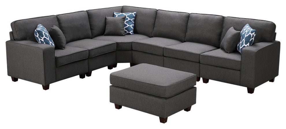 Lilola Home Casanova Dark Gray Linen 7Pc Modular Sectional Sofa and Ottoman