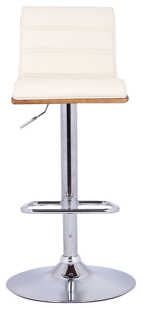 Cream Faux Leather Walnut and Chrome Adjustable Swivel Bar Stool