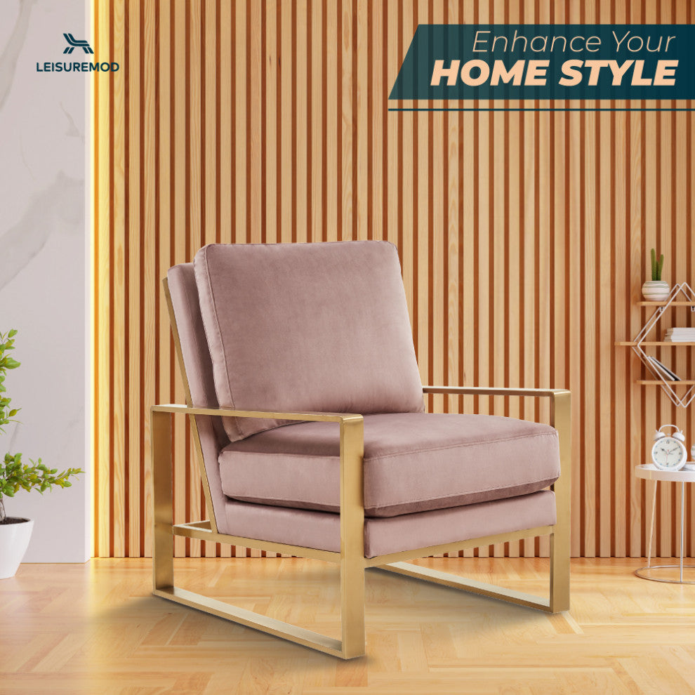 LeisureMod Jefferson Velvet Accent Armchair With Gold Frame, Pink