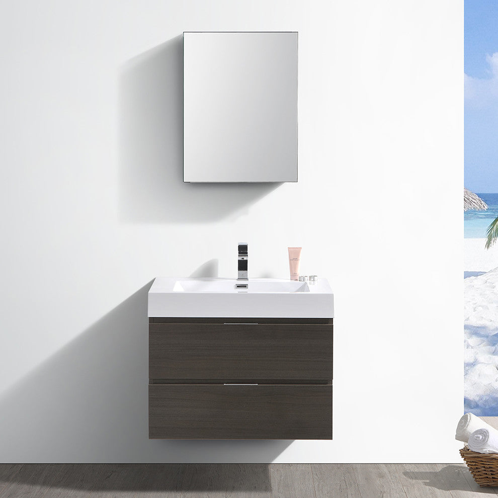 Valencia 30" Gray Oak Wall Hung Bathroom Vanity Set, Cabinet, Faucet, FFT9151BN
