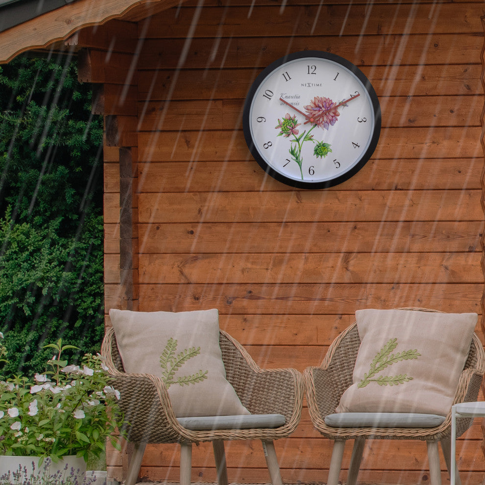 Weatherproof 12- Inch Decorative Garden Wall Clock , Pink Floral "Knautia"