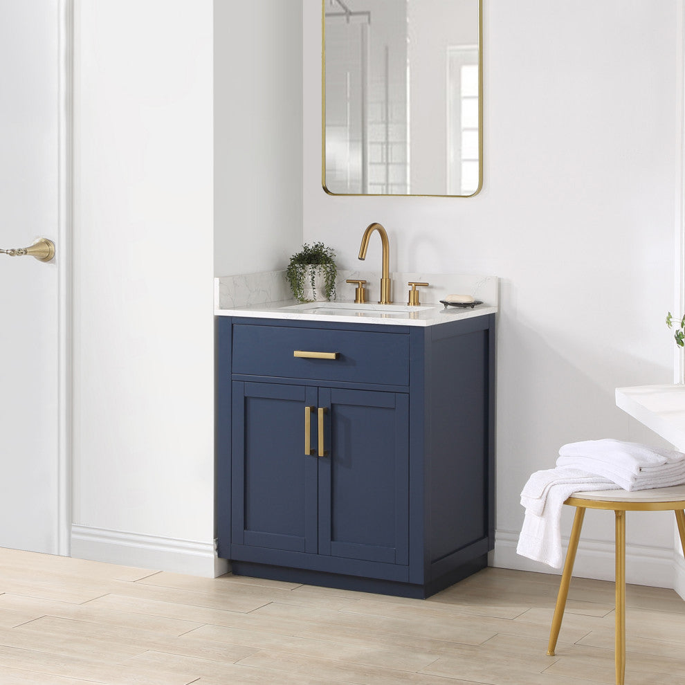 Gavino Vanity With Grain White Composite Stone Top, Royal Blue/Brushed Gold, 30", No Mirror