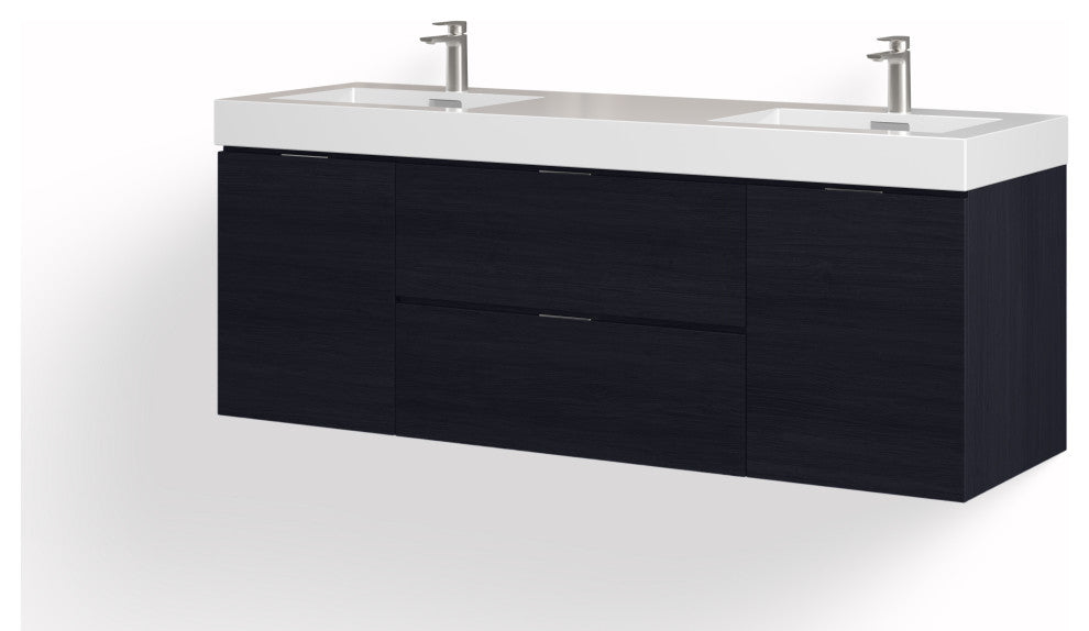 Boutique Bath Vanity, Black, 60", Double Sink, Wall Mount