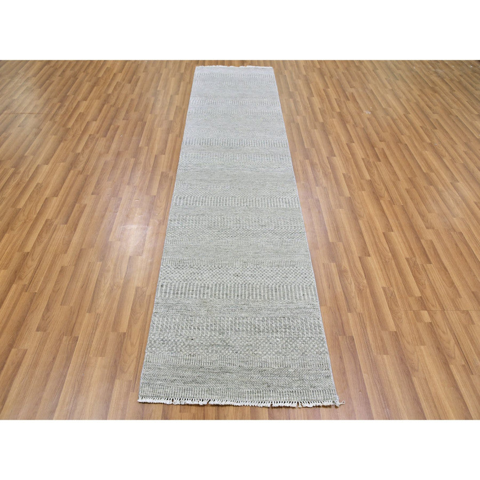 Gray Undyed Wool Hand Knotted Modern Grass Design Runner Rug 2'6"x10'2"
