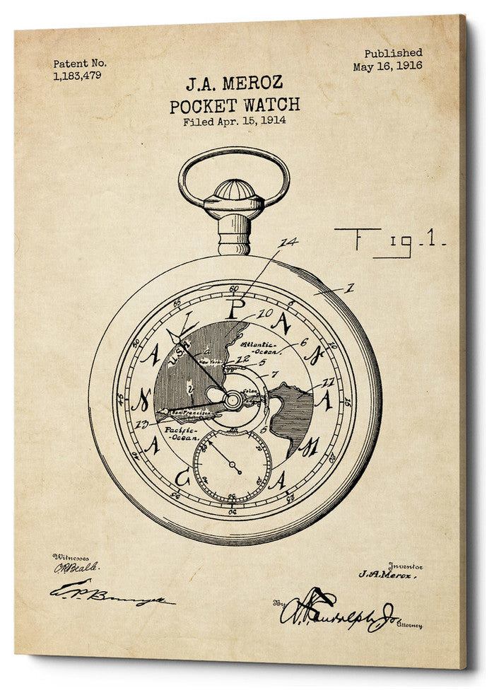 Epic Graffiti "Pocket Watch Blueprint Patent Parchment" Giclee Canvas, 12"x18"