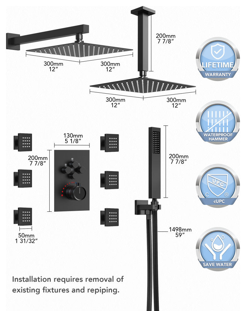 Thermostatic Shower System 12" Dual Shower Heads with Body Jet, Matte Black