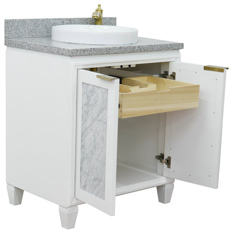 31" Single Sink Vanity, White Finish With Gray Granite With Round Sink