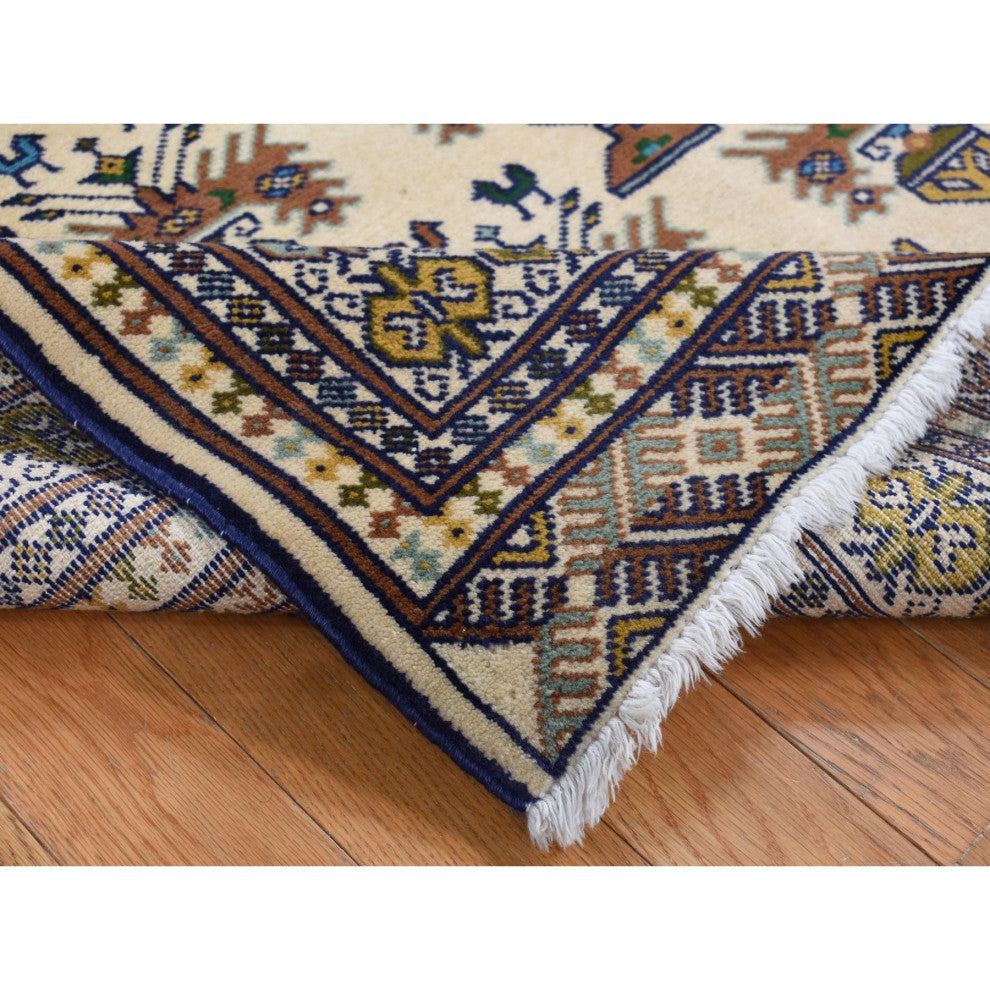 Cream Color Hand Knotted Pure Wool Turkoman Bokara Rug 4'3" x 5'7"