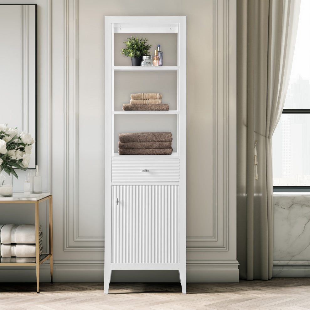Vanity Art 21" Freestanding Linen Cabinet, Linear White, Brushed Nickel Handle