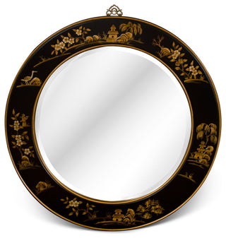 Chinoiserie Scenery Motif Oriental Round Mirror
