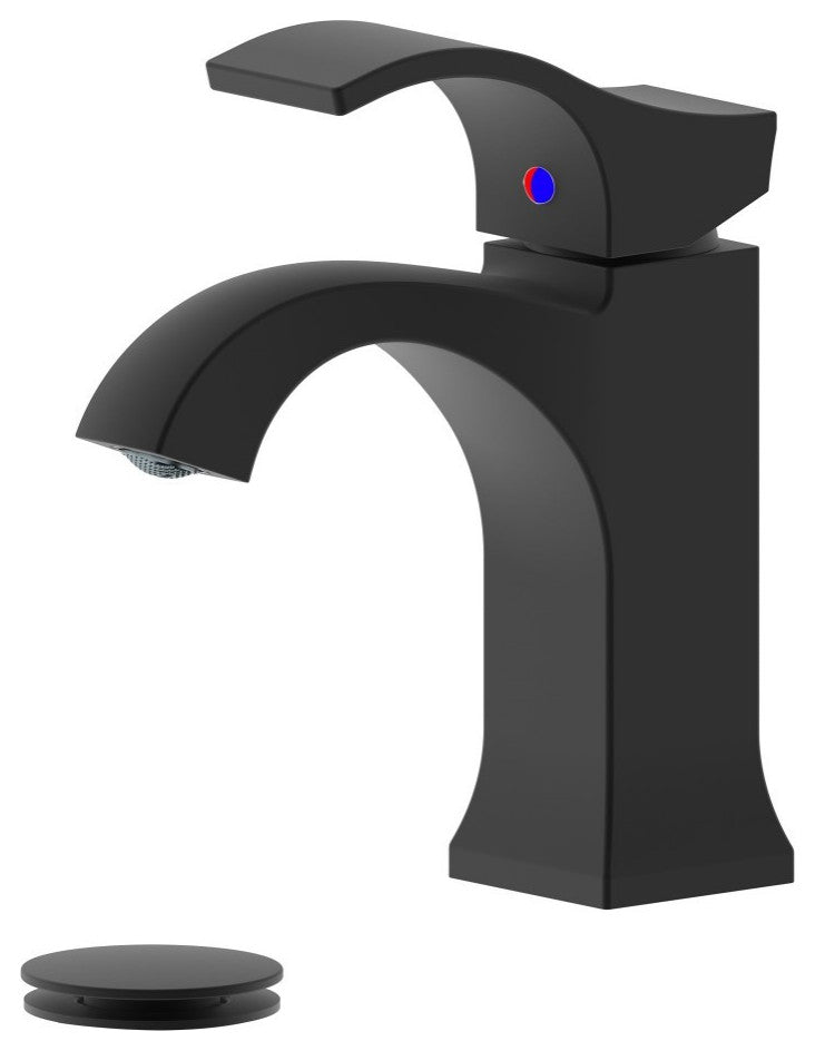 Kediri Single Handle Matte Black Bathroom Faucet, Drain Assembly With Overflow