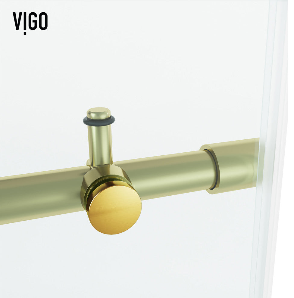 VIGO Elan Hart 56" to 60" W x 76" H Frameless Sliding Shower Door, Matte Brushed Gold, Clear Glass
