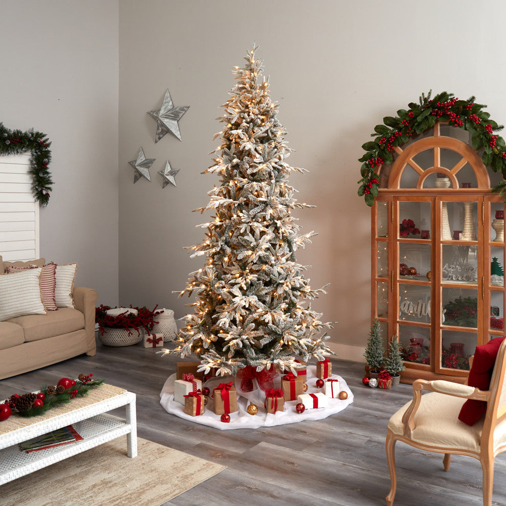 9.5' Flocked Manchester Spruce Faux Xmas Tree W/ 650 Lights & Bendable Branches