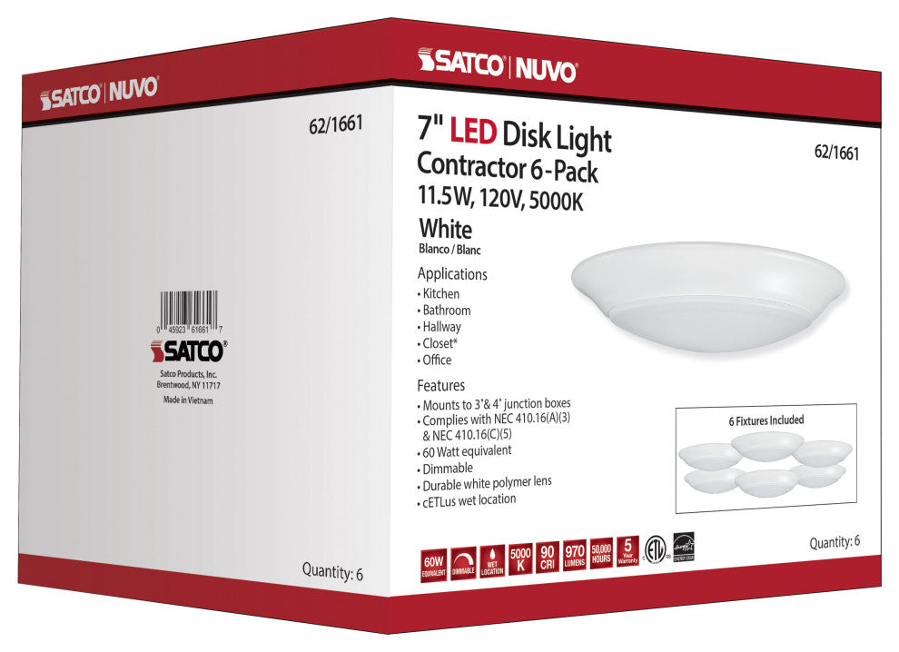7 inch - LED Disk Light - 5000K - 6 Unit Contractor Pack - White Finish