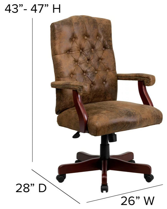 Office Chair, Button Tufted Back & Arms With Nailhead, Bomber Brown Microfiber