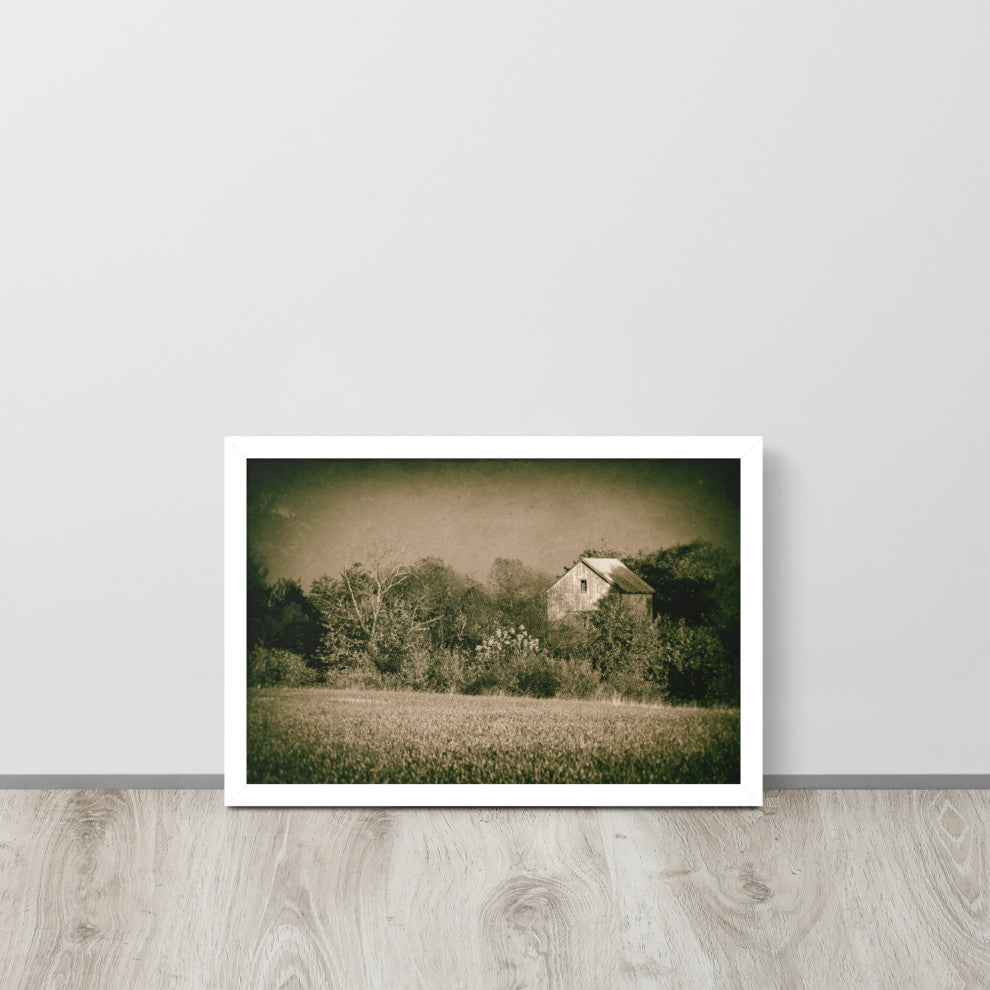 Abandoned Barn In The Trees Vintage Framed Photo Paper Wall Art Prints, White, 12" X 18"